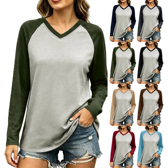 Women V Neck Raglan Color Block Long Sleeve T-Shirt Loose Relaxed Fit Contrast Sleeve Solid Spliced Casual Basic Top Fashion Versatile Layering Tee for Autumn Winter