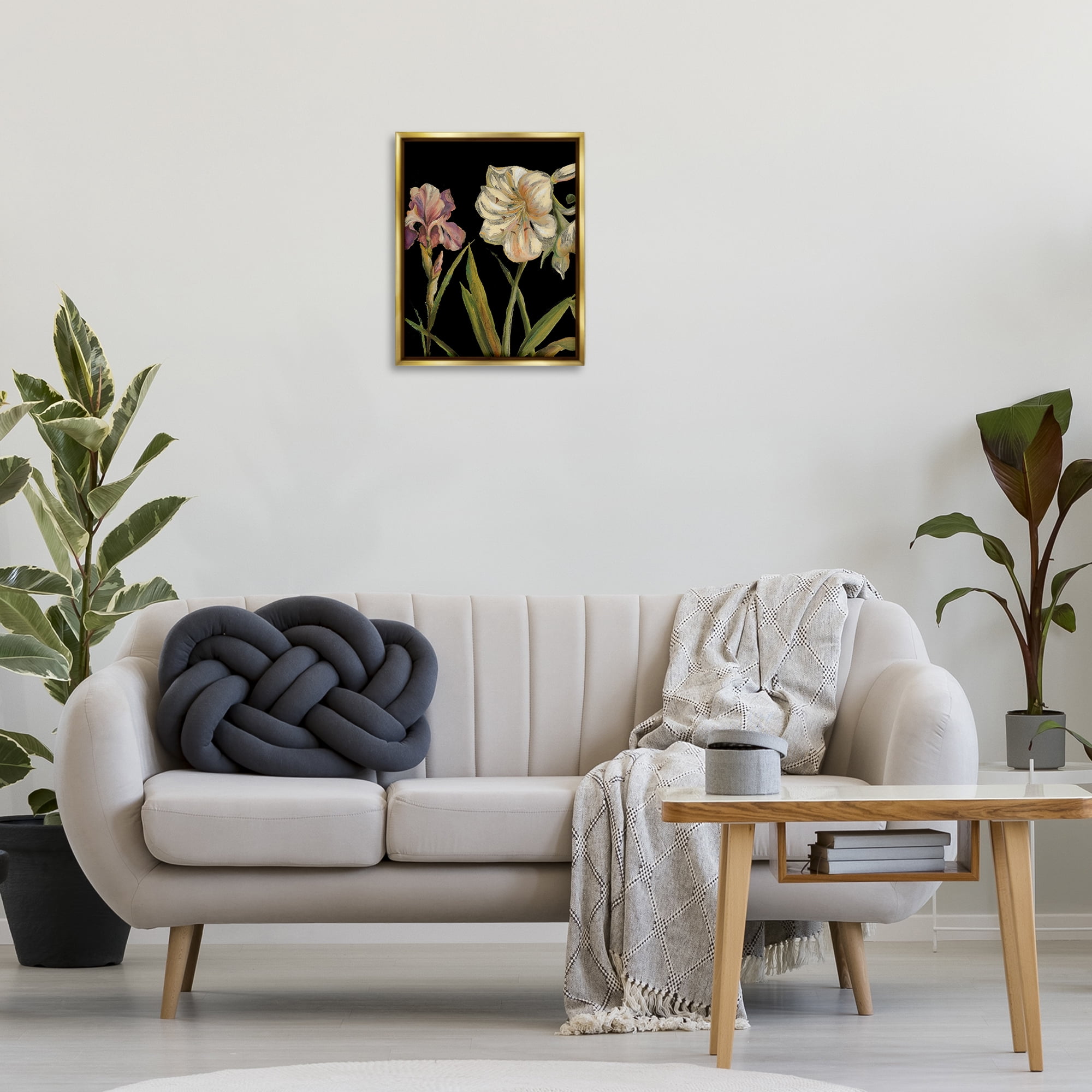 Stupell Industries Iris Flowers on Black Botanical & Floral Painting Gold Floater Framed Canvas Art Print Wall Art, 17 x 21