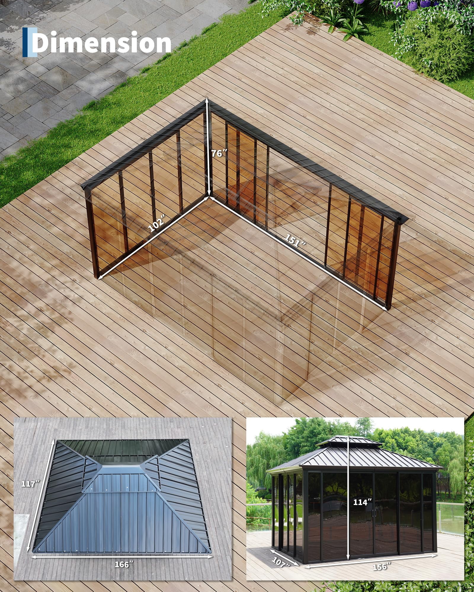 10x14 ft Hardtop Gazebo Sunroom, Aluminum Enclosed Patio Solarium with Polycarbonate Sliding Doors & Double Roof for Deck