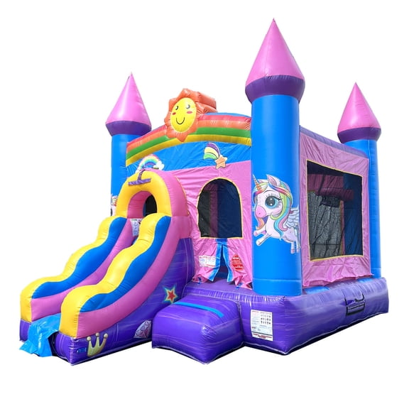 Pogo Bounce House Crossover Bounce House with Slide, Pink Smiley Face