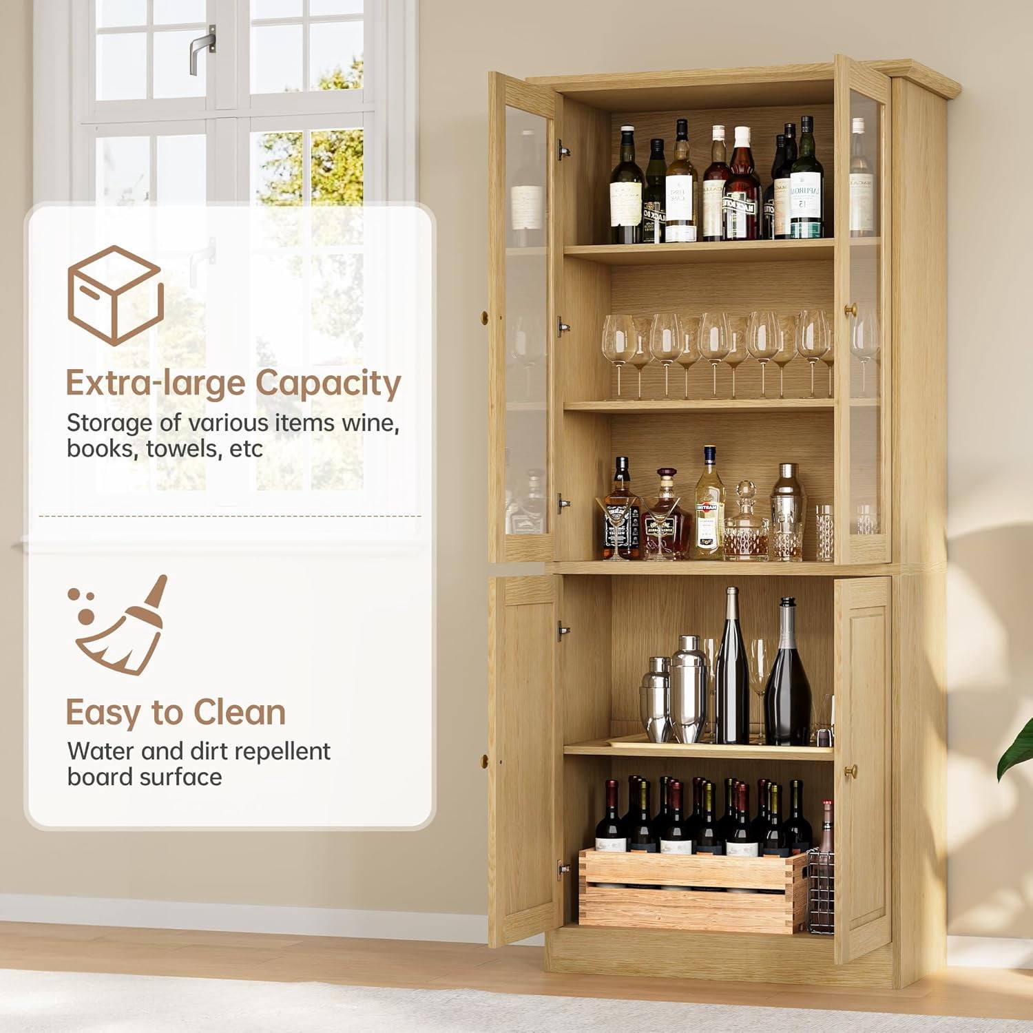 SELOOYE Kitchen Pantry Cabinet, 71" Modern Glass Display Cabinet with Wood Doors, Tall Storage Cabinet with Adjustable Shelves, Freestanding Cupboard for Living Room, Dining Room, Kitchen, Natural