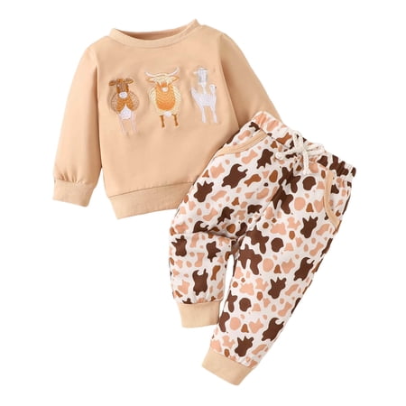Staki Toddler Boy Sets Toddler Boys Fall Outfits Long Sleeve Shirt Elastic Waist Pants 2Pcs Kids Clothes Set 0-3T 18-24 Months