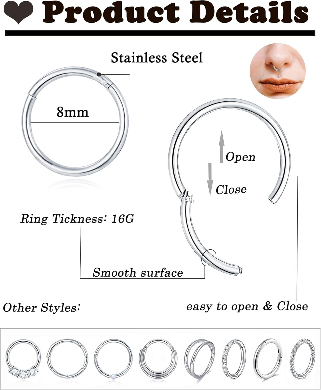 8Pcs 16G Steel Nose Rings Hoops Hinged Clickers Tragus Conch Helix Cartilage Earrings Daith Nose Piercings Jewelry Women Men 8mm 10mm Stainless CZ Opal Seamless Septum Ring Hoop Rook Sets[v104]
