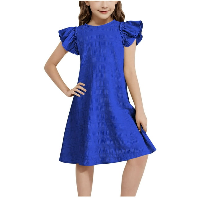 Robes pour Filles Enfants Été Robe à Manches à Volants à Double Couche Bleu 10-11 Ans