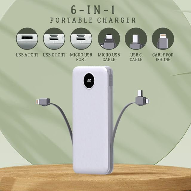 Portable Charger with Built-in AC Plug and Cables, All in One 10000mAh Ultra-Slim Power Bank, 15W Fast Charger