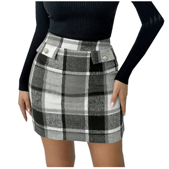 Inleife Womens High-Waisted A-Line Skirt Fashion Ladies Casual Check Print High Waist Tight Pencil Skirt Black L
