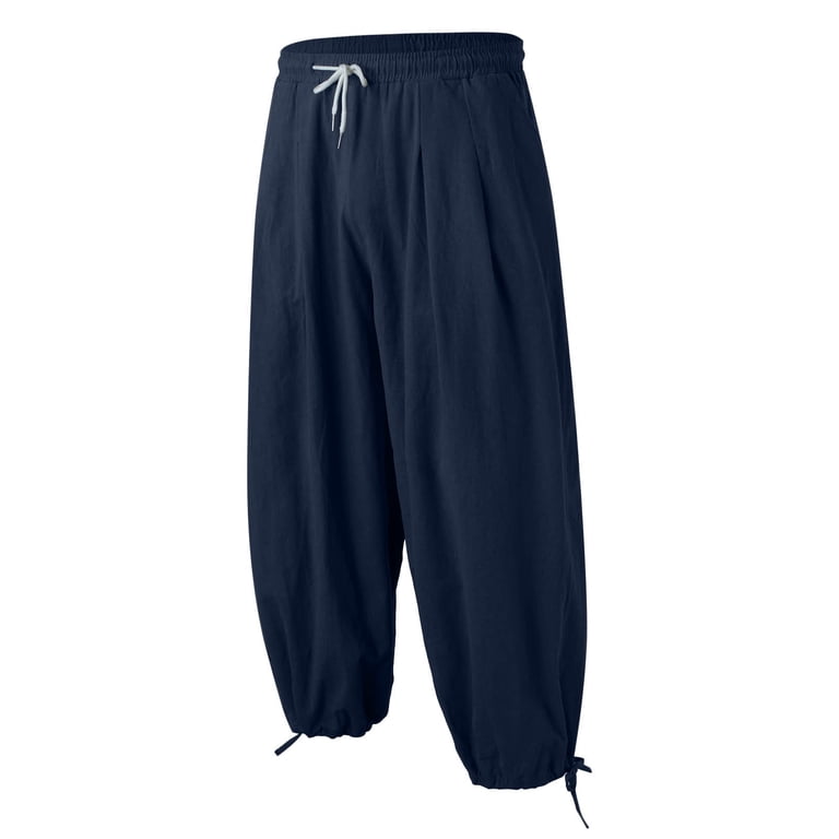 Mens Casual Solid Cropped Pants Drawstring Pocket Lace Up Hem Pant