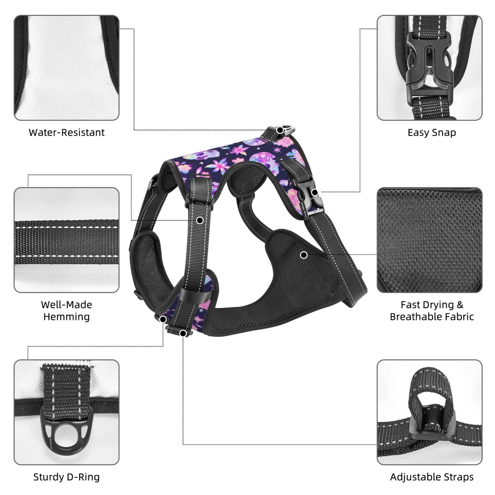Vsdgher crystal Skull flower cool Pattern Dog Harness,No Pull Pet Harness with Soft Padded Handle,Adjustable Reflective Vest with 2 Buckles,4 Slide Buckles,S-XL