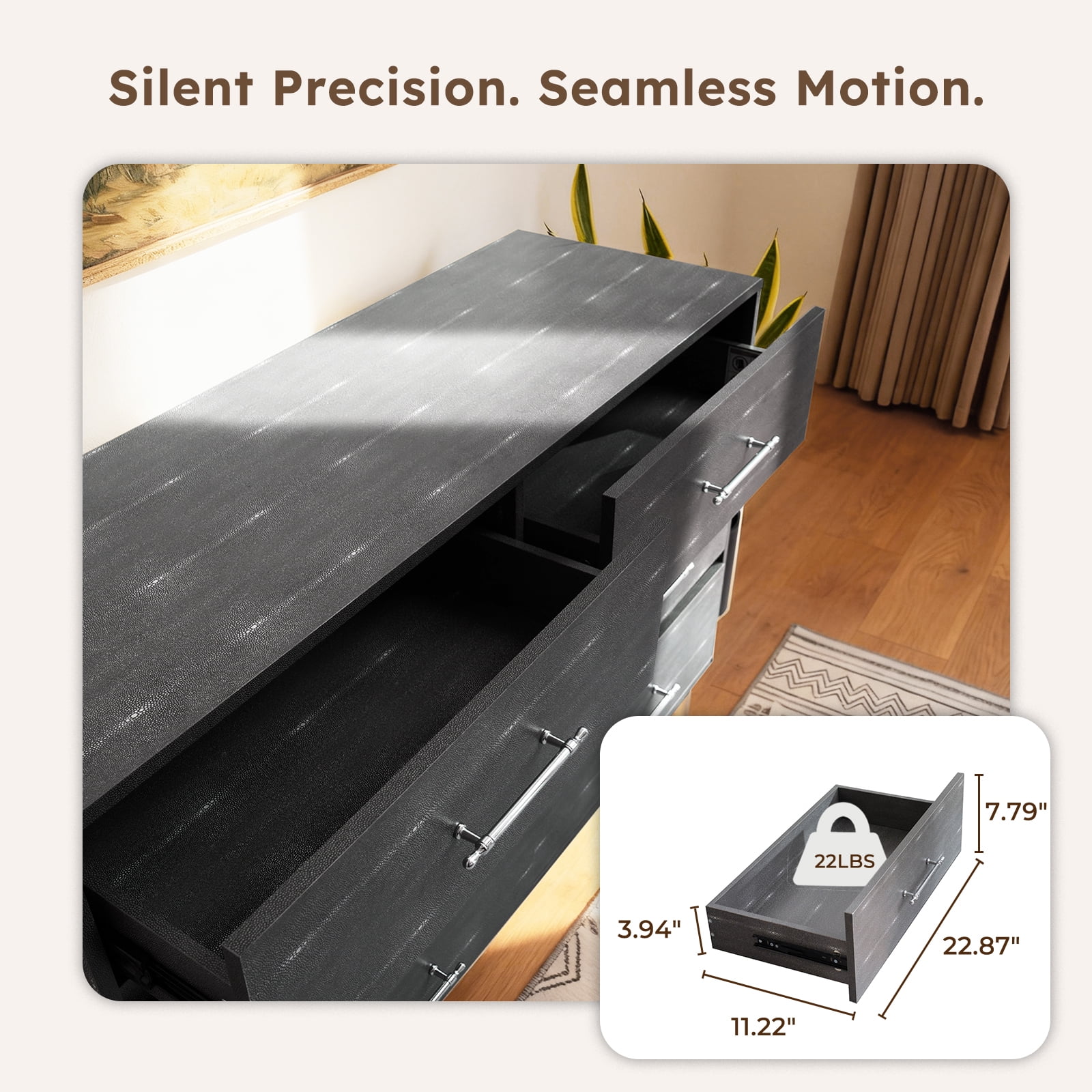 BERRY NEST Grey Dresser for Bedroom, 6 Drawer Wood Dresser with Modern Storage Organizer, Wide Chest of Drawers for Clothes, Closet, Living Room