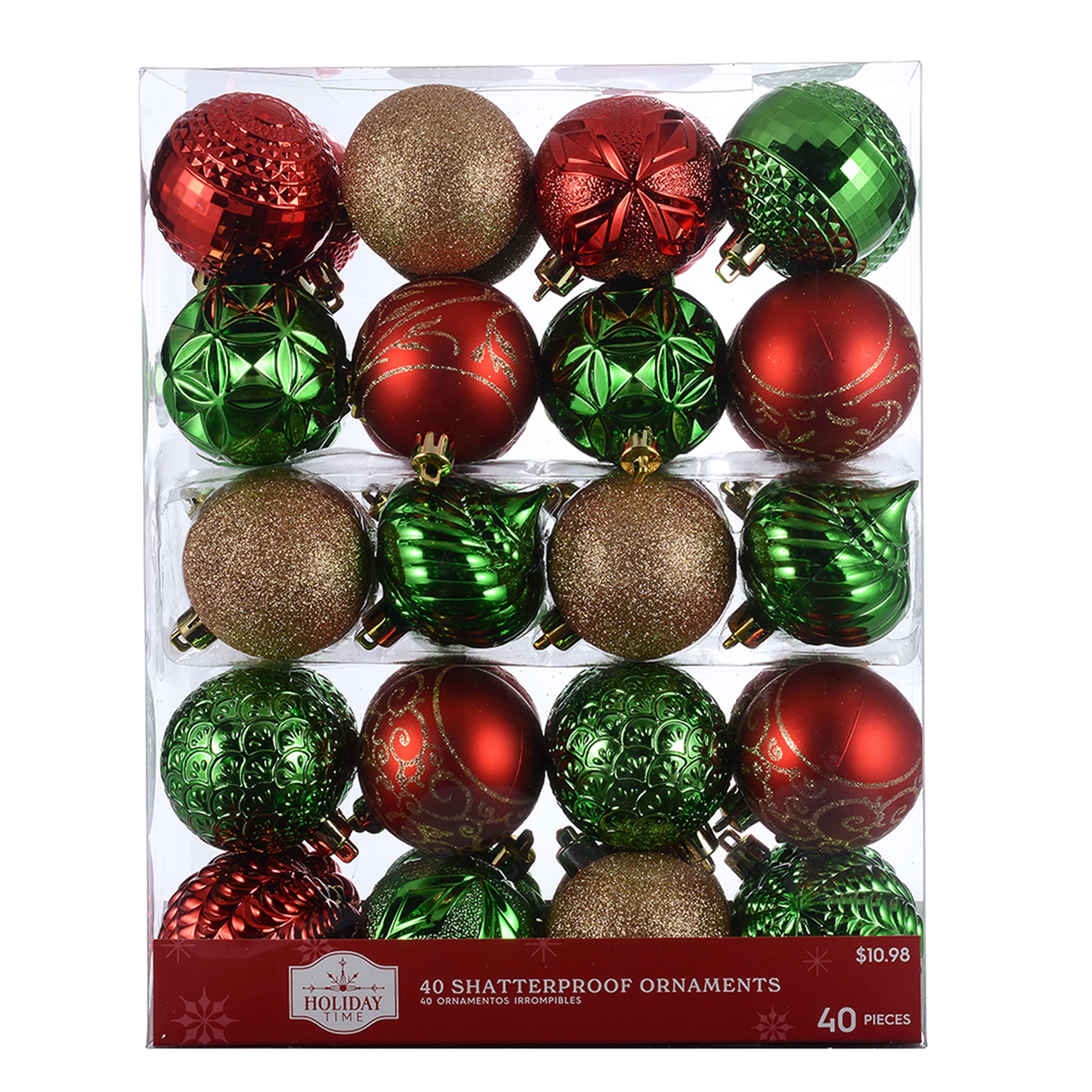 Holiday Time Red, Green & Gold Shatterproof Christmas Ornaments, 40 Count
