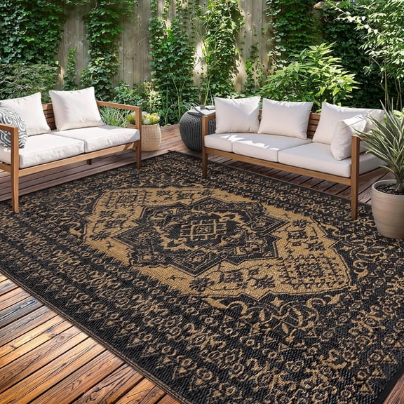 9x12 Outdoor Rug - Oriental Medallion Waterproof and Reversible for Patio and Camping Black/Brown