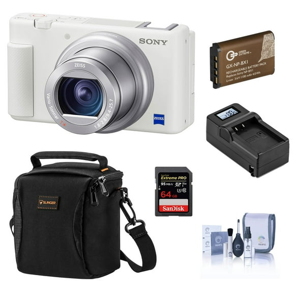 Sony ZV-1 Compact 4K HD Digital Camera, White Bundle with 64GB SD Card, Shoulder Bag, Extra Battery and Accessories