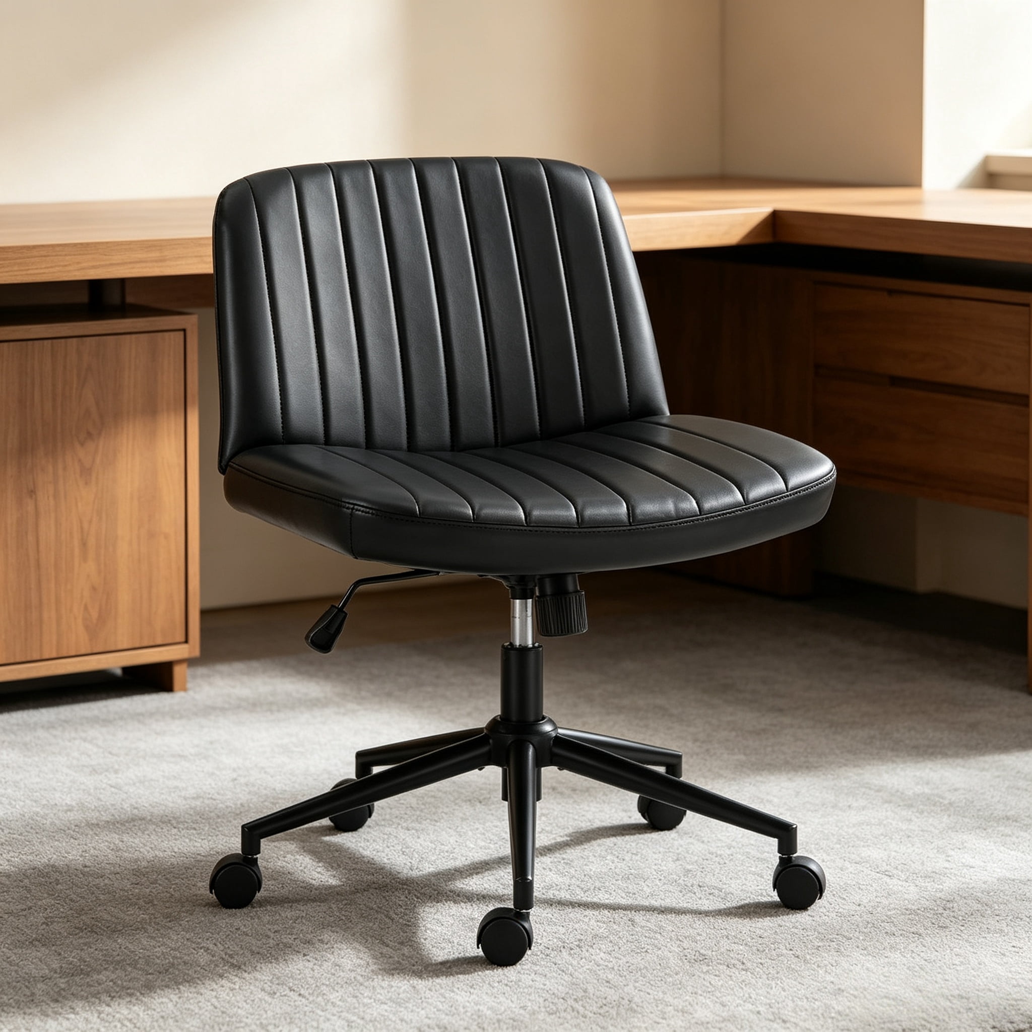 Office Desk and Vanity Chair, Armless Cross-Legged Swivel Task Chair with Wide Fabric Seat, Height Adjustment, and Replaceable Wheels or Fixed Base