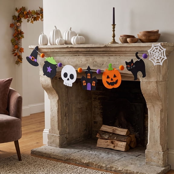 Halloween Decorations Indoor, Pumpkin Skull Hat Bunting Banner, Spooky Hanging Garland for Halloween Party Favor Supplies Mantel Wall Entryway Decor Colorful