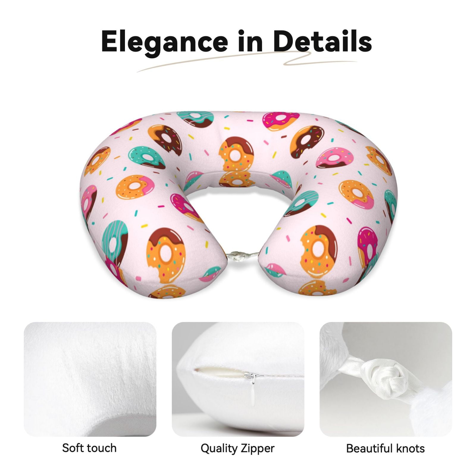 Xecao Donut Print Memory Foam Cervical Neck Pillow Versatile U-Shaped Pillows for Home,Office,Camping,Travelling,Soft Washable Cover