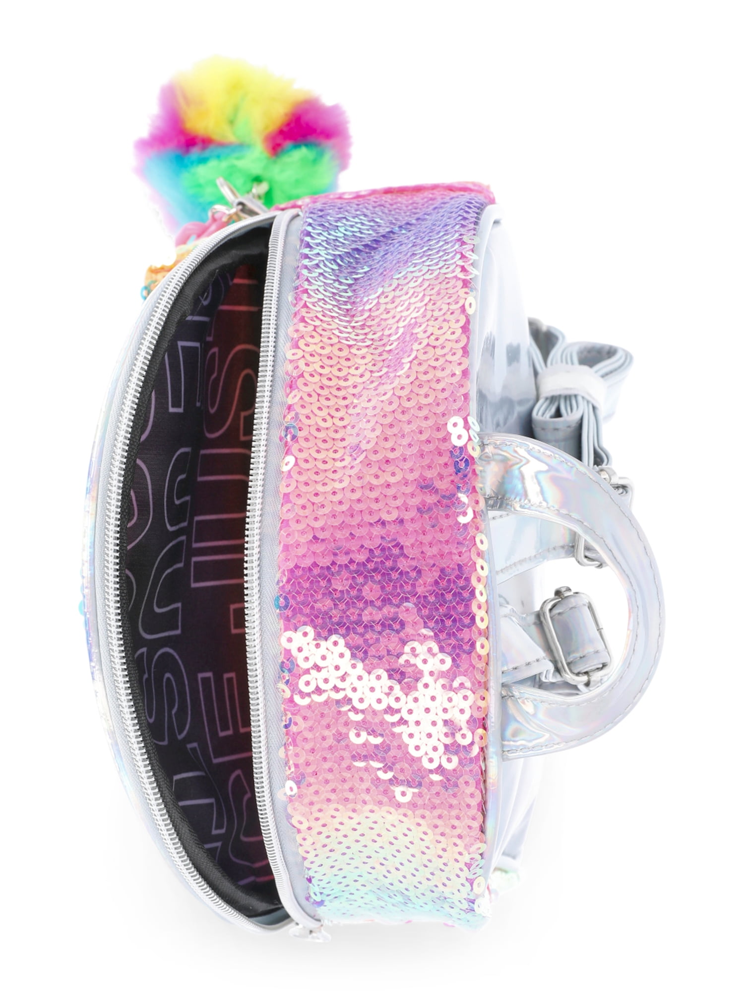 angel mini backpacks from justice Justice Girls' Rainbow Sequin Mini Backpack with Chain Detail and Pom  Keychain
