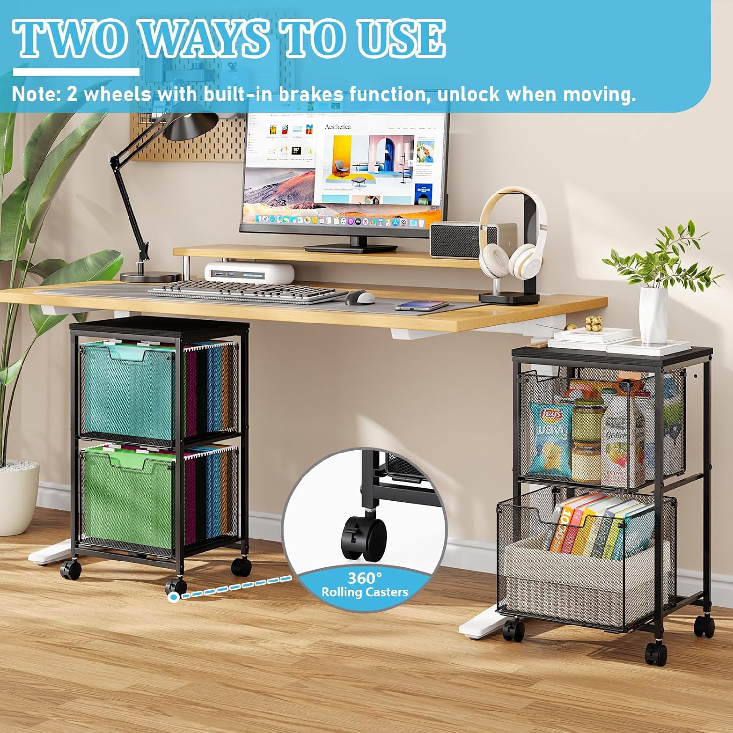 X-COSRACK 2-Drawer Rolling File Cart, Heavy-Duty 100 Lbs Metal Filing Cabinet with Wooden Top, Under Desk Printer Stand with Visual Mesh Drawers & Wheels, Home Office Organizer, Black