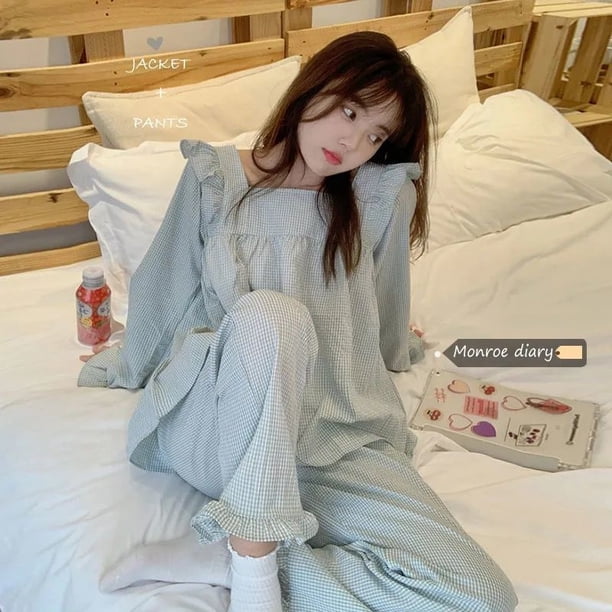Conjunto de pijama con lazo para mujer, ropa de dormir con cuello cuadrado y pantalones largos, traje de 2 piezas con volantes, estilo coreano, ropa de noche de manga larga para otoño
