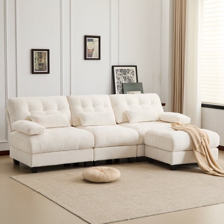 FFZ 93" 3+1 Seater Sofa With Ottoman, 4-Position Adjustable Backrest, Chenille Fabric, 3 Pillows, Easy Assembly