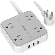 Power Bar with USB, Extension Cord Flat Plug with 4 Widely Spaced Outlets, 3 USB Charger, 5 FT Cord, Compact Size and Lightweight Wall Mount for Cruise Ship, Home, Office, Gray