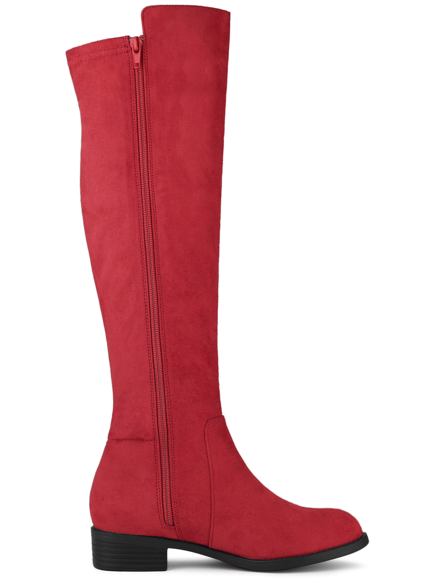 DARING DIVA Women's Chunky Heels Side Zipper Round Toe Knee High Boots Red 7