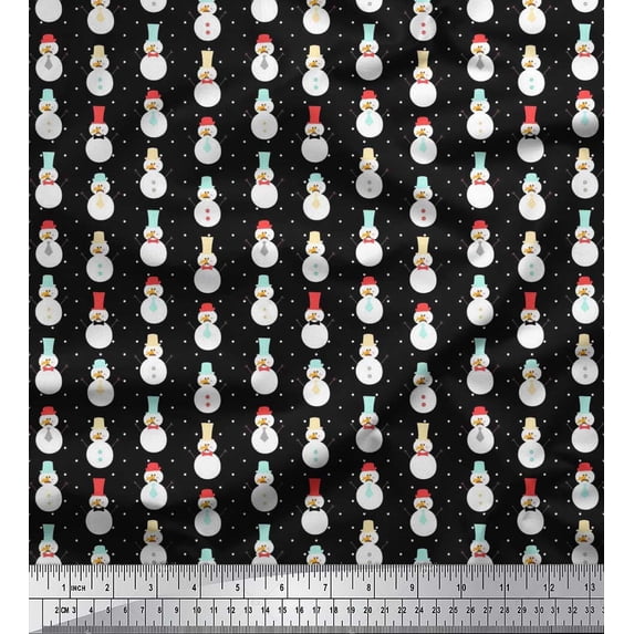 Soimoi Crepe Silk Fabric Snowman Cartoon Printed Fabric 1 Yard 42 Inch Wide