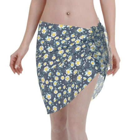 Qekee Daisy Floral B Women s Short Sarongs Cover Ups Sheer Bikini Wraps for Swimwear
