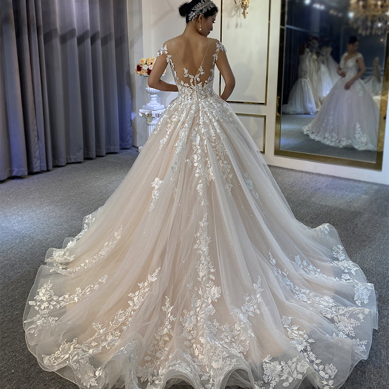 Women White Lace Long Sleeve Satin Wedding Gown - OneSimpleGown.com