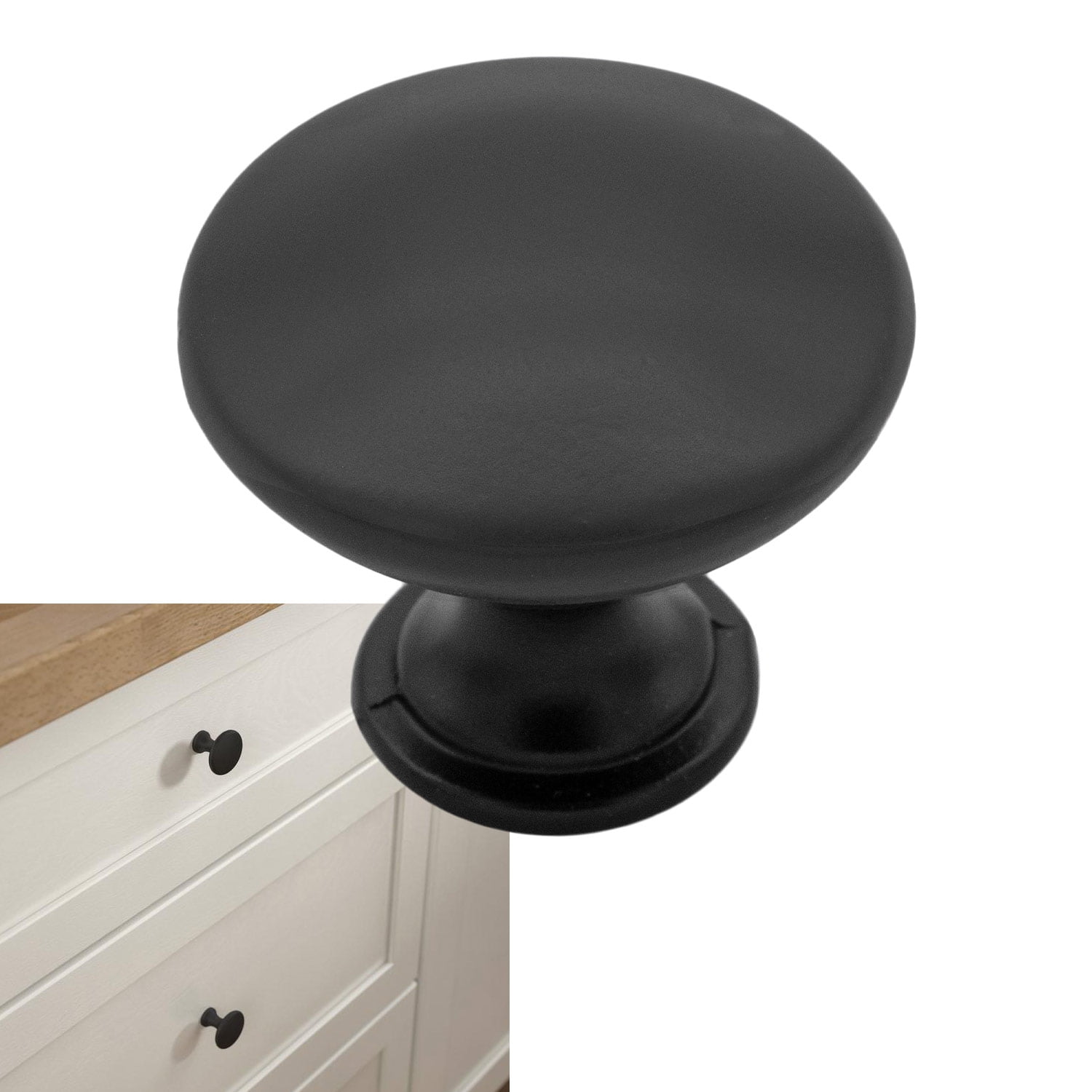 Matte Flat Black Cabinet Hardware Mushroom Round Knob Cupboard Door Handle, 1.25' Diameter