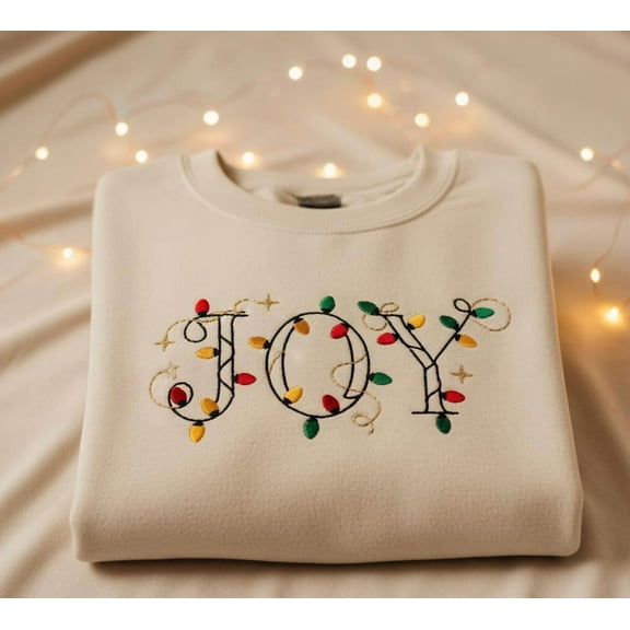 JOY Embroidered Christmas Sweatshirt, Minimal Holiday Lights Crewneck, Cozy Elegant Winter Gift