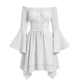 thumbnail image 2 of Renaissance Costume Women Bell Sleeve Cold Shoulder Lace up Ruffle Medieval Corset Dress Halloween Costumes White XXL, 2 of 7