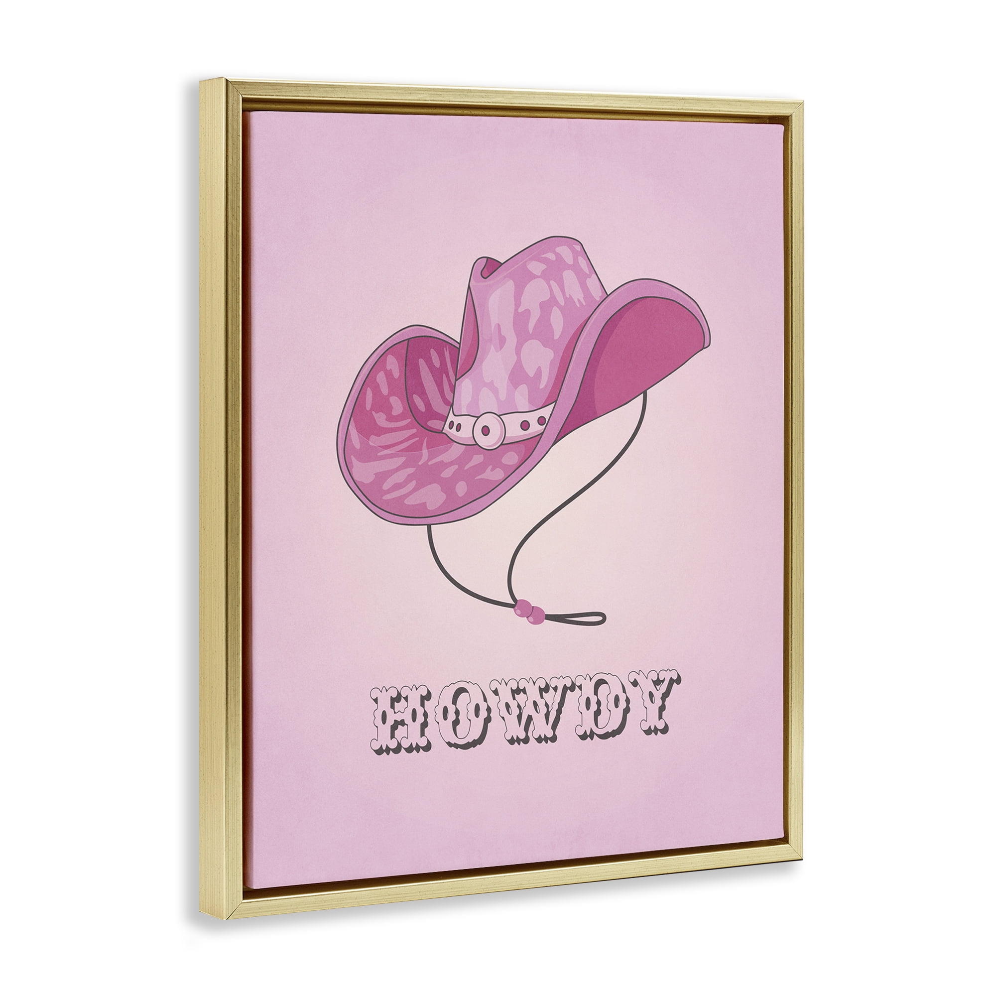 Stupell Industries Howdy Pink Cowgirl Hat Entertainment Painting Gold Floater Framed Canvas Art Print Wall Art, 17 x 21