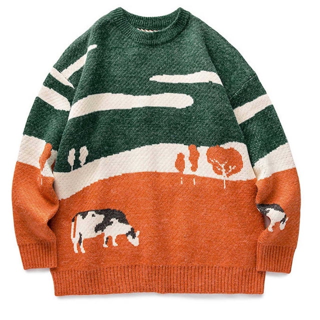 RKSTN Chandail pour Homme Mode d'Automne Vache Vintage Surdimensionné Manches Longues Col Rond Chandail Tricoté Chandail Décontracté Ample Chandails