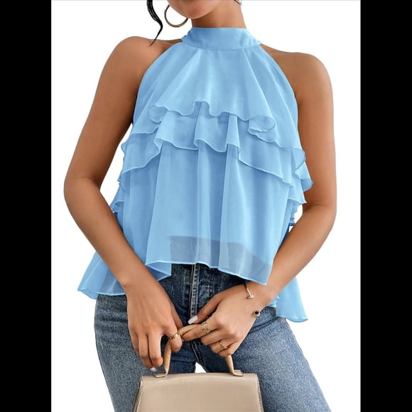 Blusa de Holgada Sin Mangas con Volantes en para Mujer Azul M