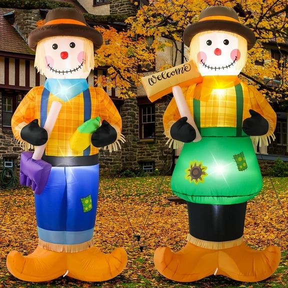 2 Pcs 6 Feet Fall Thanksgiving Harvest Inflatable Scarecrow Fall Harvest Inflatable Patio Decoration Autumn Blow up LED Lights Scarecrow for Outside, Front Door, Garden, Yard, Lawn