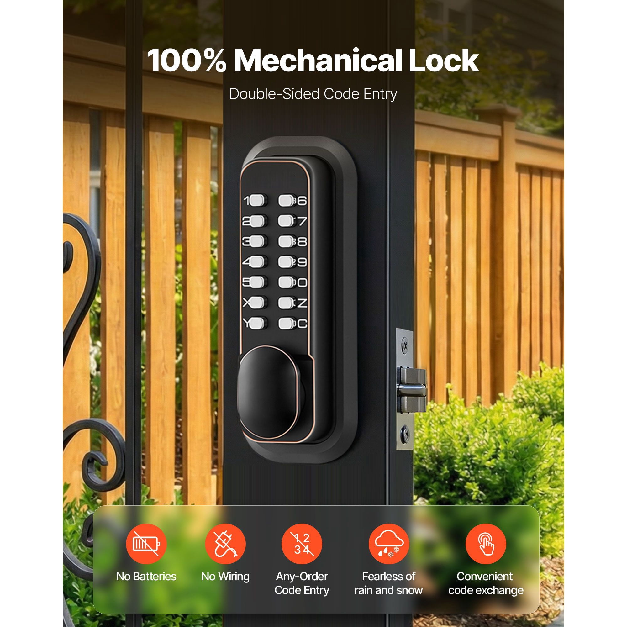 Mechanical Keyless Door Lock Gen2 Double-Sided 4-7 Digit Code No Batteries 1.4-2.5 Inch Door Thickness for Front Gate