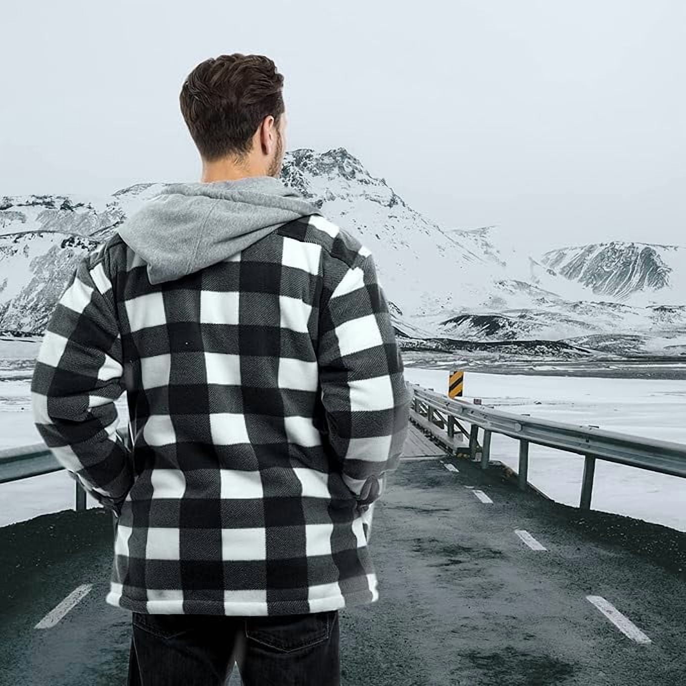 TrailCrest Men's Warm Sherpa Lined Hoodie Fleece Shirt Jacket, Classic Zip Up Buffalo Plaid, White Plaid, Large