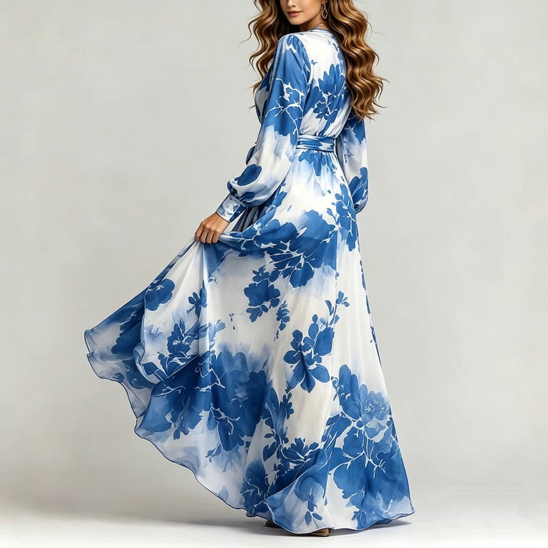 floral printed long sleeve v-neck self tie maxi dress Fawuudo Wrap Dresses for Women V Neck Long Sleeve Floral Print Puff Sleeve Self Tie Waist Flowy Chiffon Maxi Dress Blue, Women's, Size: Small
