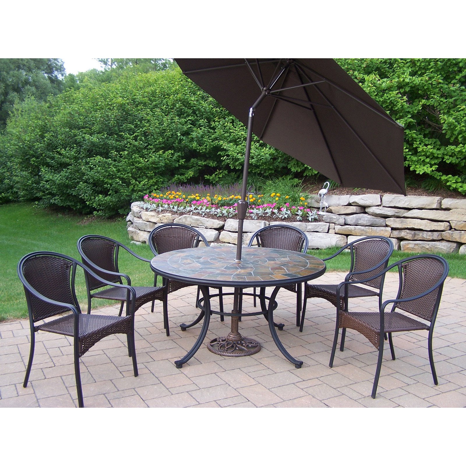 Oakland Living Stone Art All Weather Wicker Patio Dining Set Seats 6