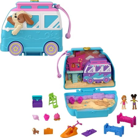 Polly Pocket Dolls and Seaside Puppy Pet Ride Compact Playset with Fidget Exterior, 2 Micro Dolls