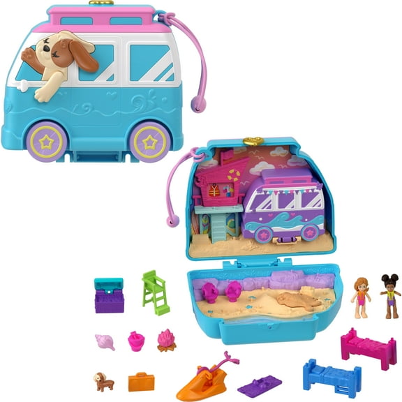 Polly Pocket Dolls and Seaside Puppy Pet Ride Compact Playset with Fidget Exterior, 2 Micro Dolls