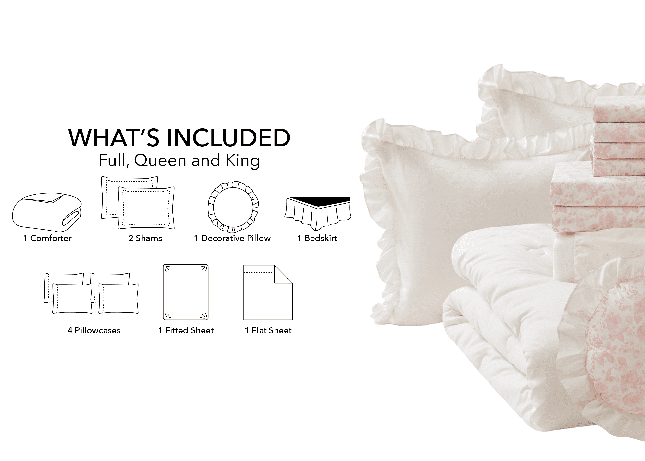 Mainstays All in One Reversible Comforter and Sheet Set- 11 Piece, Full, Cream Ruffle