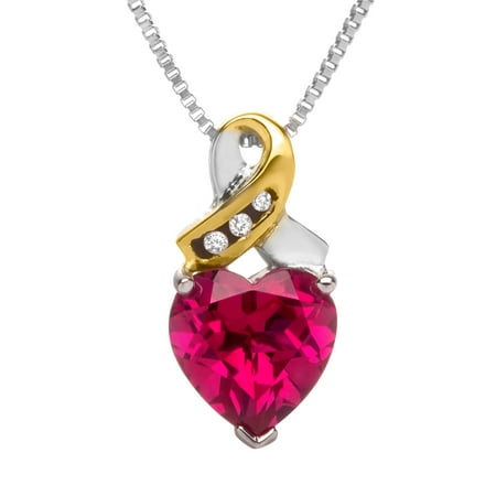 Duet 2 1/8 ct Created Ruby Heart Pendant Necklace with Diamonds in Sterling Silver and 14kt Gold
