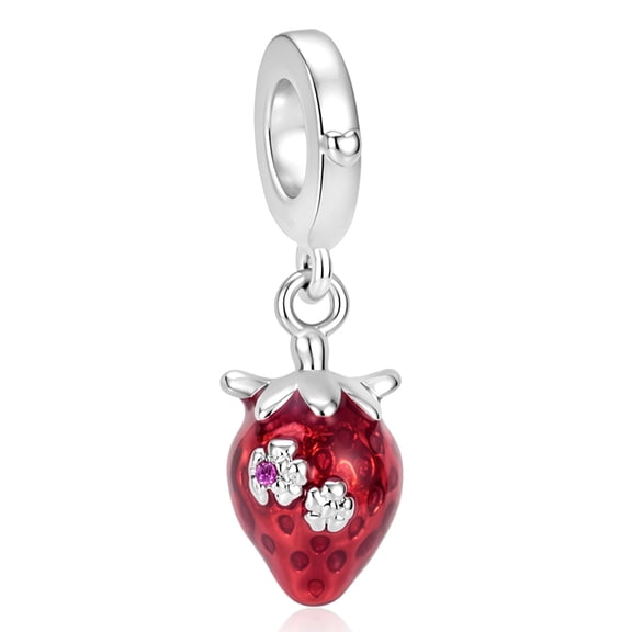S925 Sterling Silver Bright Red Strawberry Dangle Charm Compatible with Women Charm Bracelets