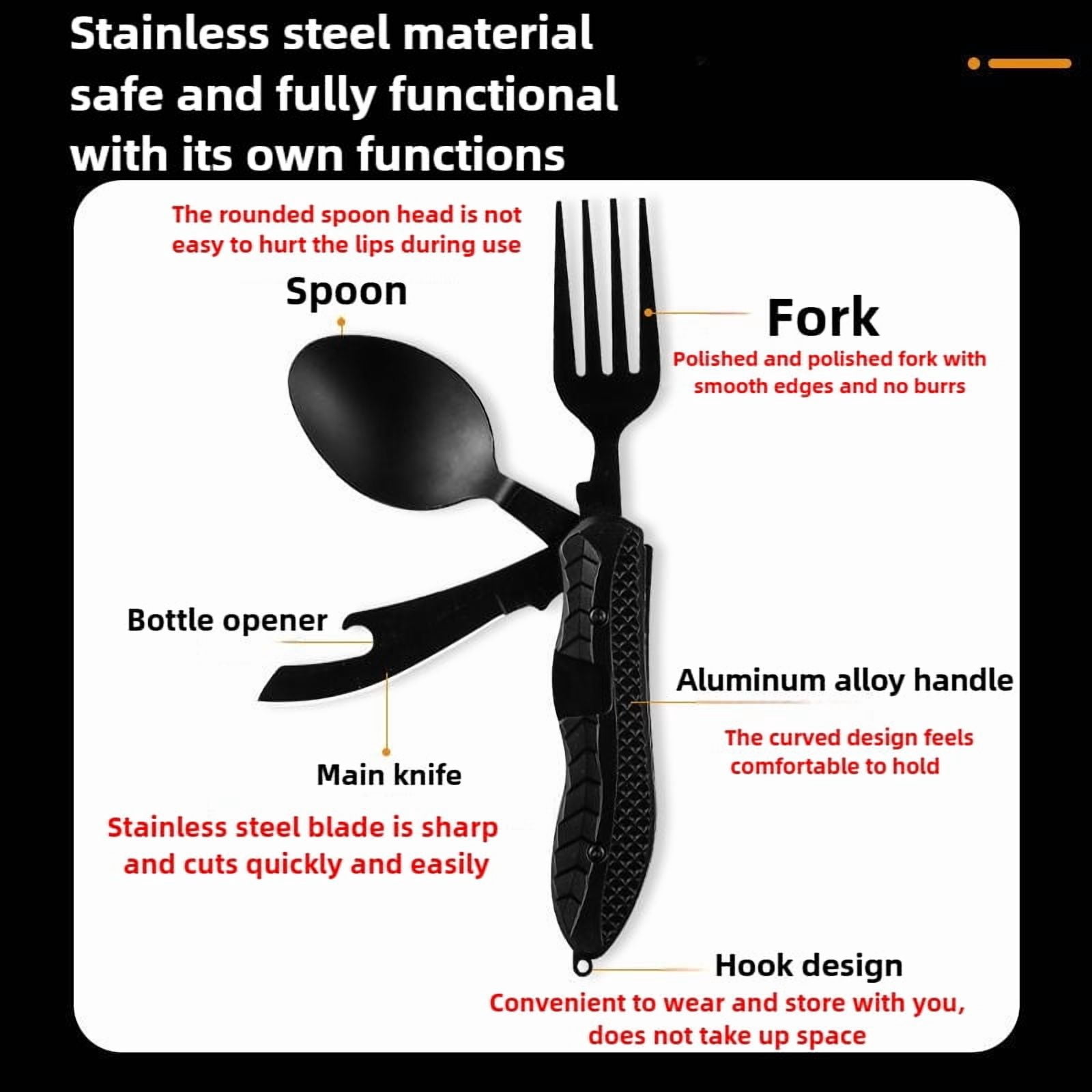 Outdoor Camping Folding Cutlery Set Stainless Steel Spoon Fork Knife Bottle Opener Multitool Portable Hiking Travel Tableware Kit