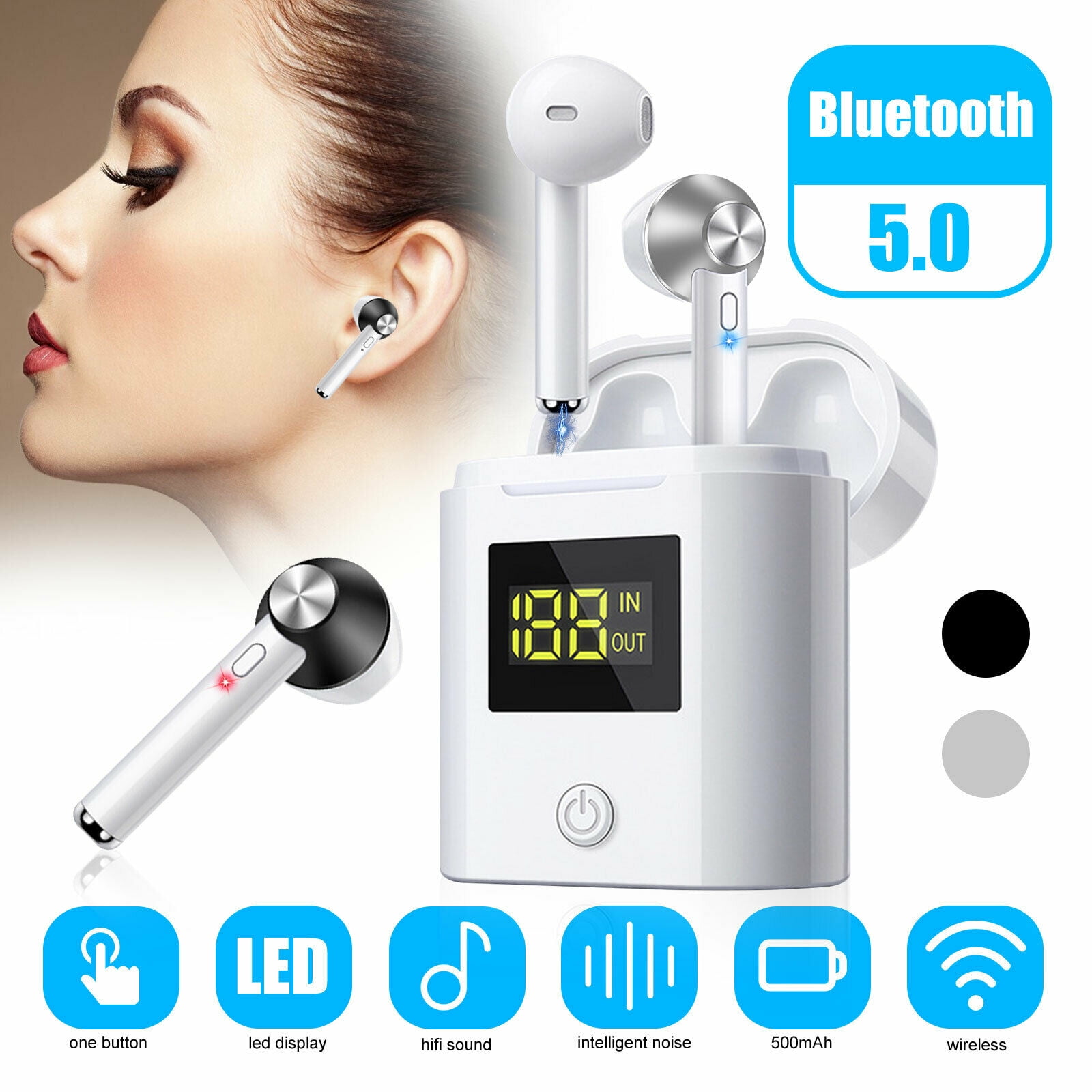 D019 V5.0 Bluetooth Earphone HD Stereo Wireless Headphones Sport Bass Headset
