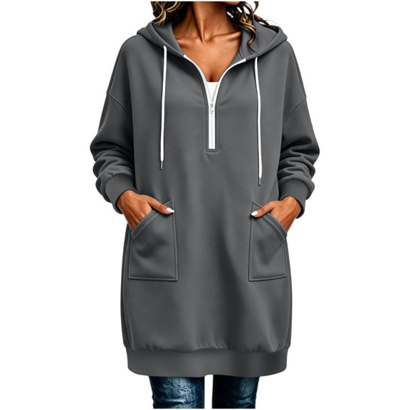 Fewfanhot Womens Fall Outfits Winter Long-Sleeve Hooded Quarter-Zip Casual Jacket with Pockets