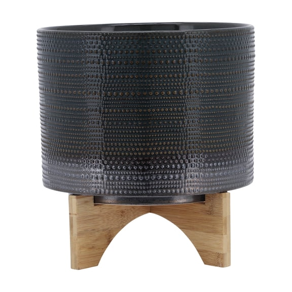 Sagebrook Home 10" Dotted Planter With Wood Stand, Green, Round, Ceramic, Contemporary, 11"L X 11"W X 12"H, Dot