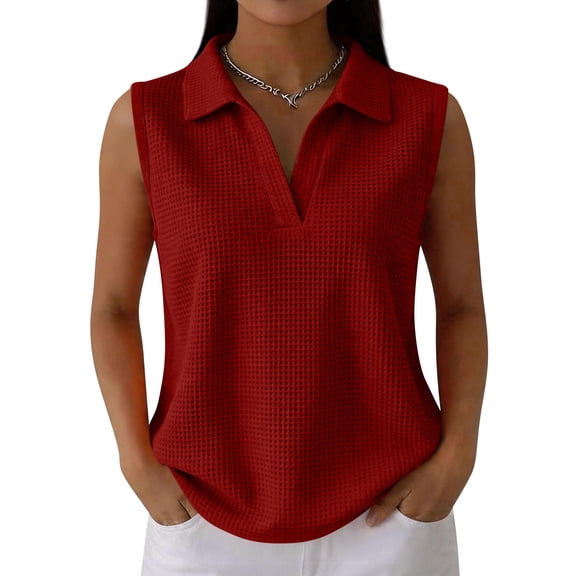 Dwellite Womens Sleeveless Golf Waffle Polo Shirts Collared Tank Tops V-Neck Workout Athletic Tennis Tops Wine L