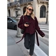 thumbnail image 5 of Womens Cropped Wool Coats Belted Double Breasted Pea Coat Short Jacket Notched Lapel Trench Coat with Pockets Wine Red L, 5 of 7
